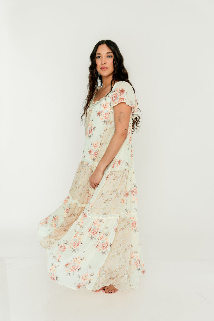 Isabella Floral Lace Trim Maxi Dress in Beige Multi - Bump Friendly