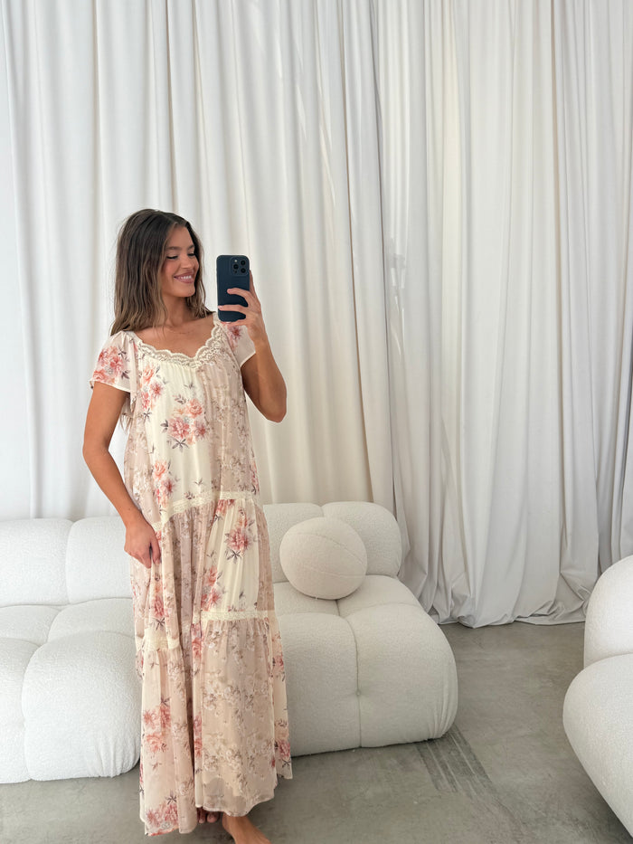 Isabella Floral Lace Trim Maxi Dress in Beige Multi - Bump Friendly