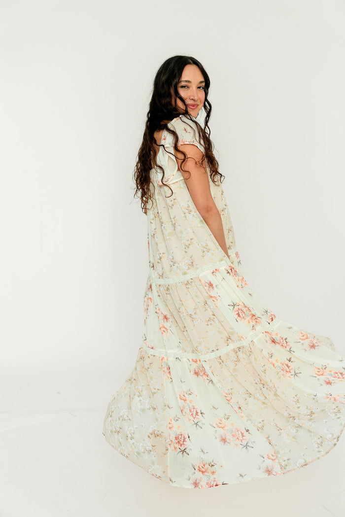 Isabella Floral Lace Trim Maxi Dress in Beige Multi - Bump Friendly