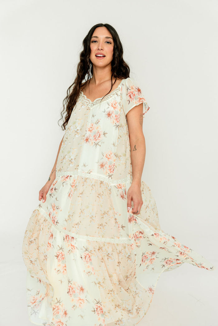 Isabella Floral Lace Trim Maxi Dress in Beige Multi - Bump Friendly