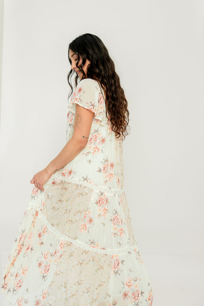 Isabella Floral Lace Trim Maxi Dress in Beige Multi - Bump Friendly