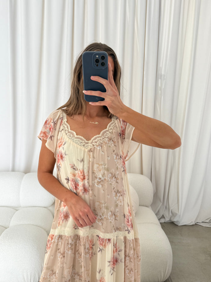 Isabella Floral Lace Trim Maxi Dress in Beige Multi - Bump Friendly