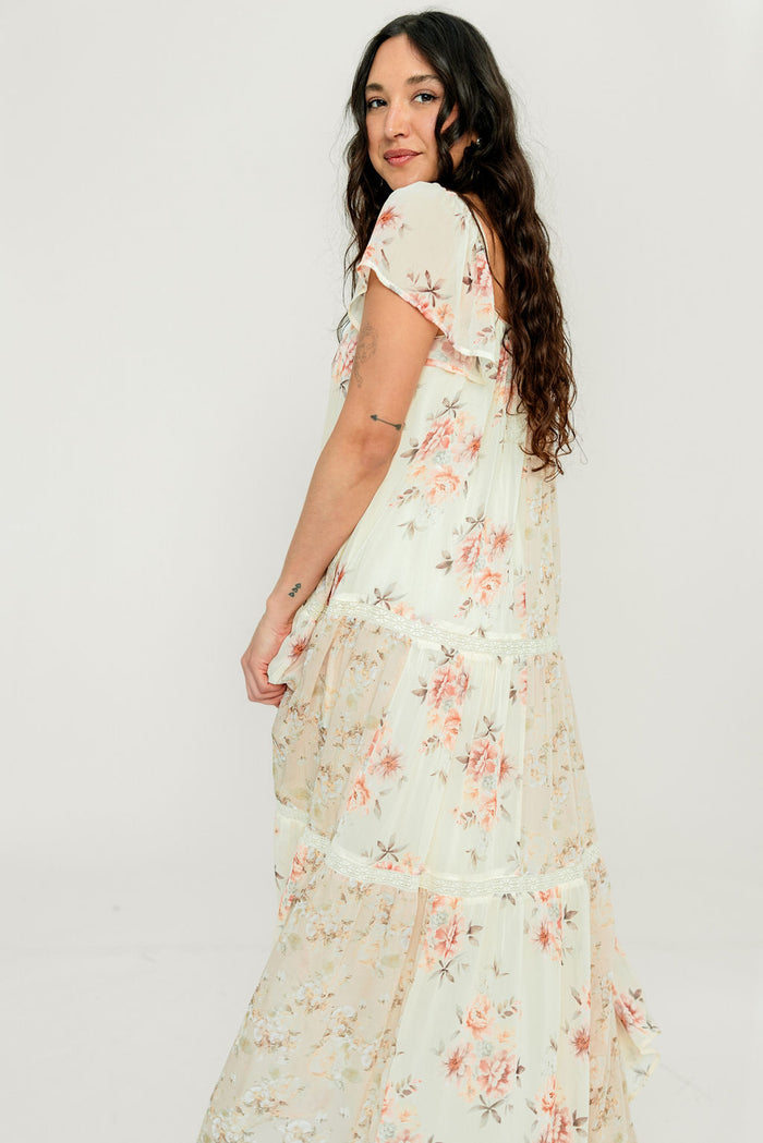 Isabella Floral Lace Trim Maxi Dress in Beige Multi - Bump Friendly