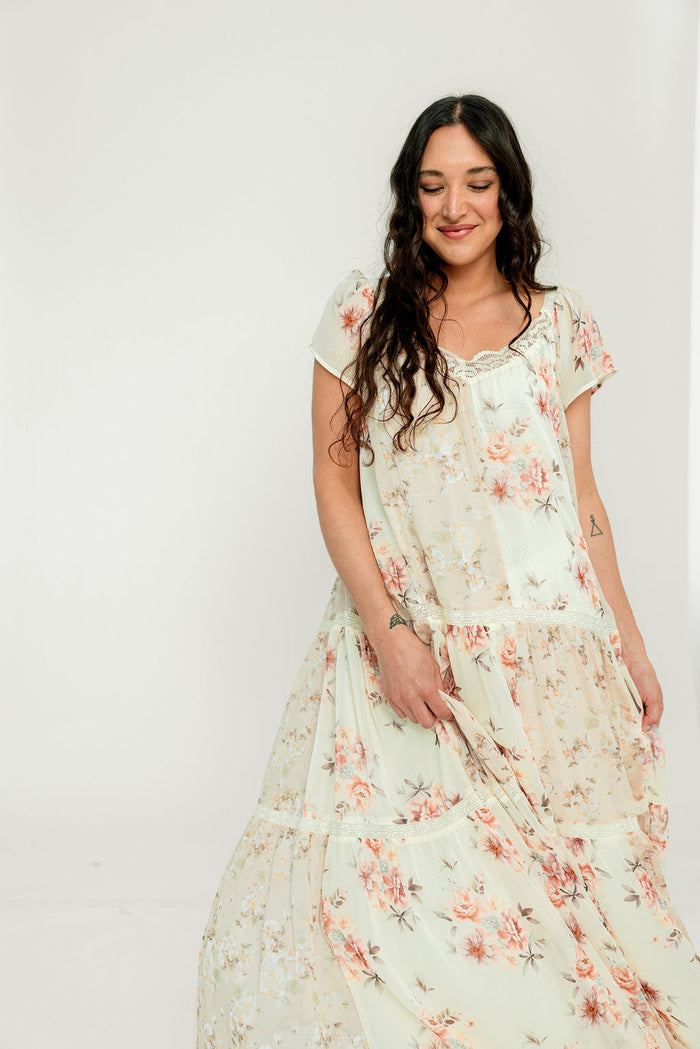 Isabella Floral Lace Trim Maxi Dress in Beige Multi - Bump Friendly