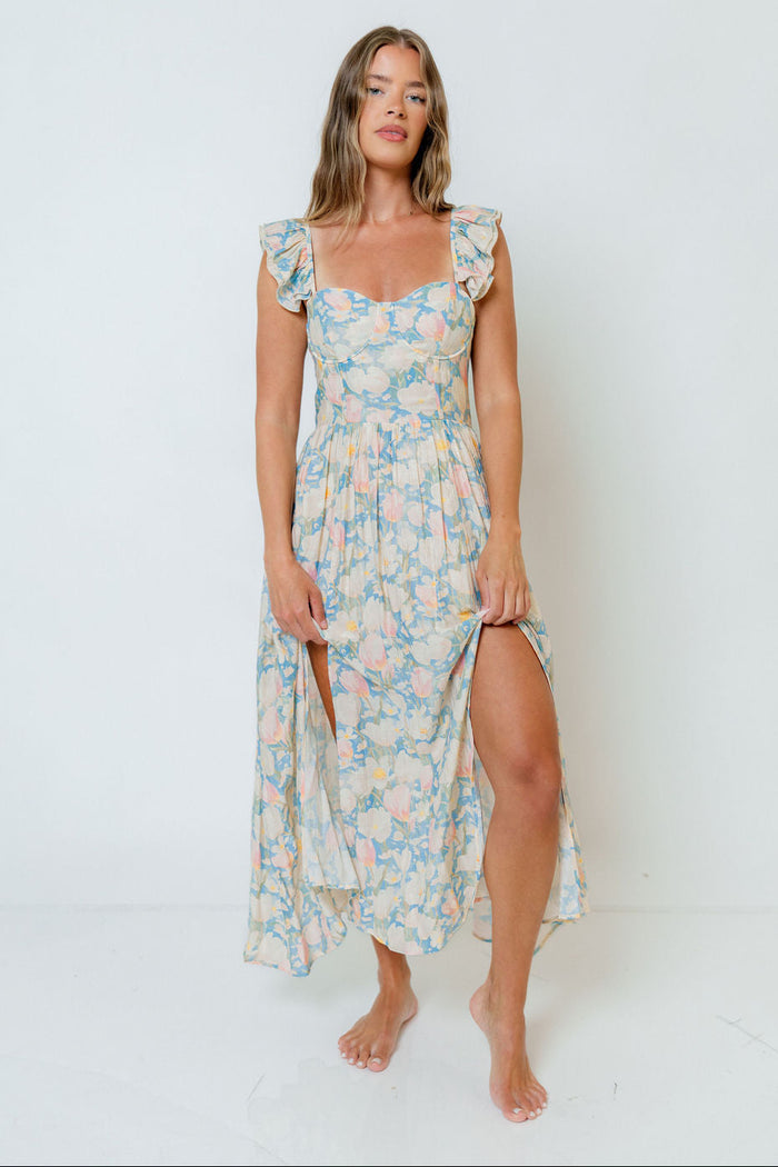 Jackie Shirred Floral Ruffle Strap Maxi Dress in Blue Floral