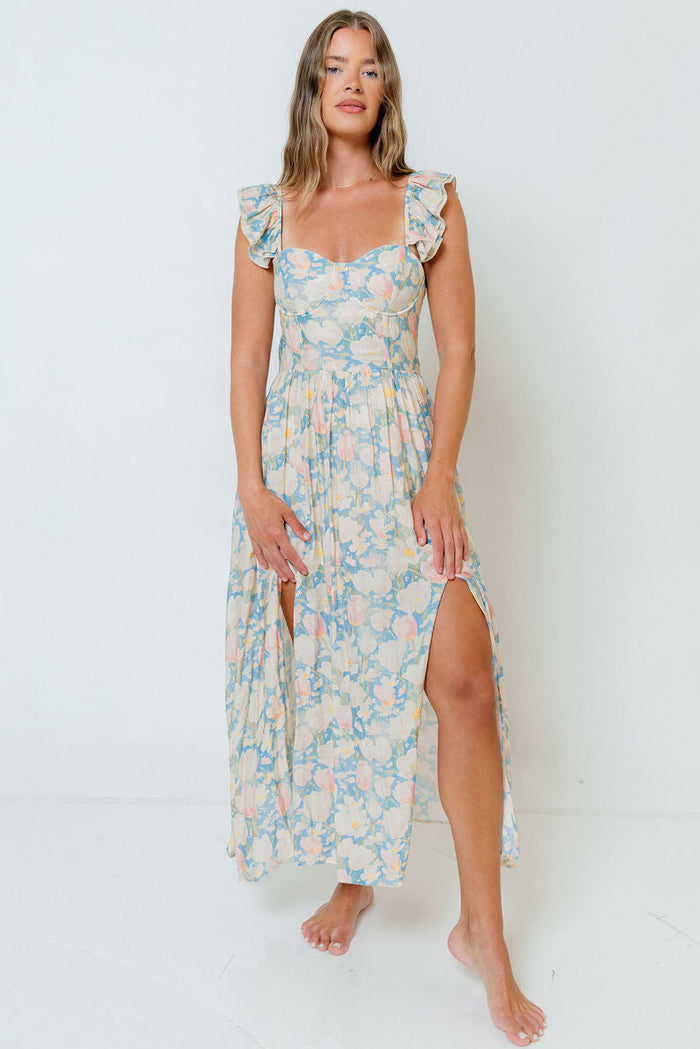Jackie Shirred Floral Ruffle Strap Maxi Dress in Blue Floral