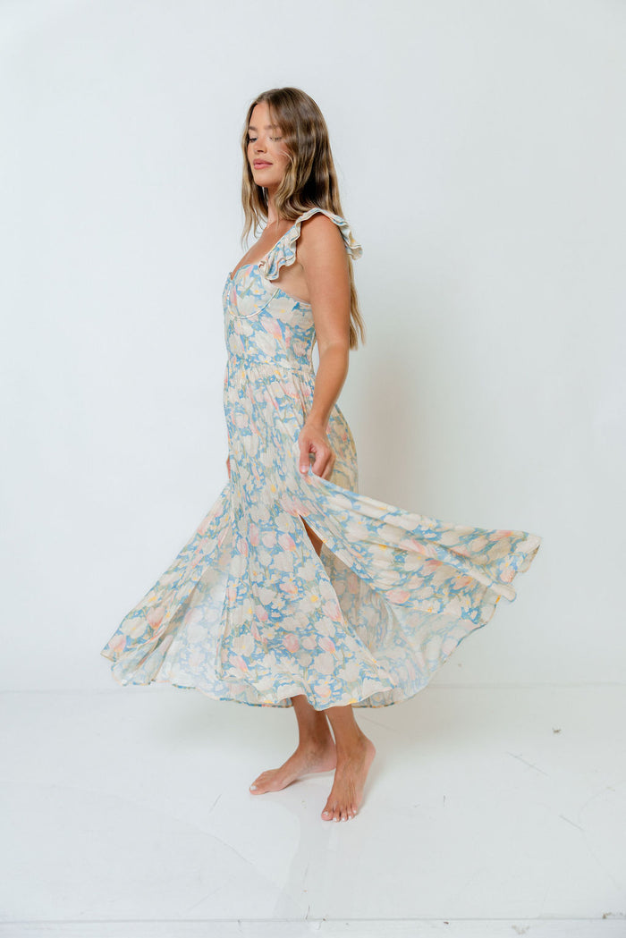 Jackie Shirred Floral Ruffle Strap Maxi Dress in Blue Floral