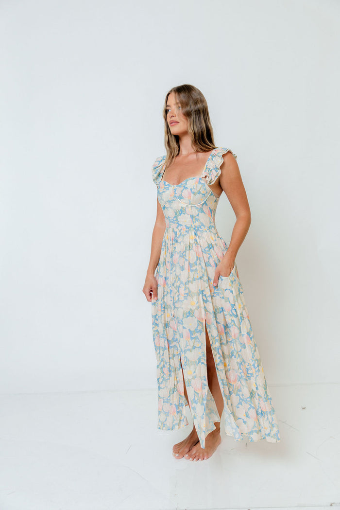 Jackie Shirred Floral Ruffle Strap Maxi Dress in Blue Floral