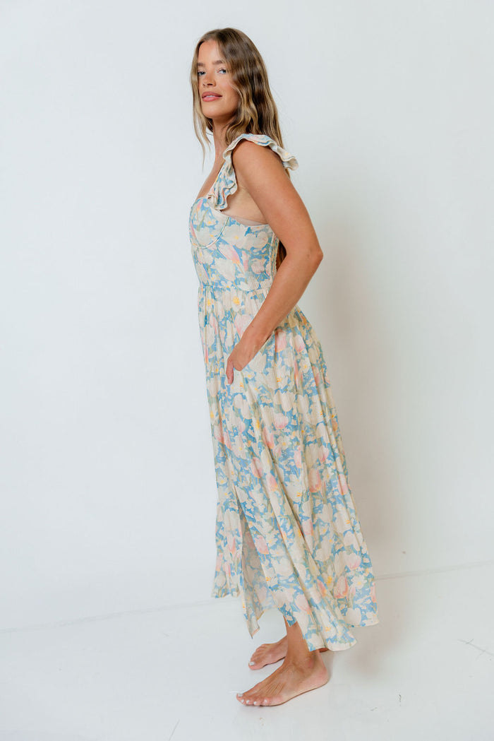 Jackie Shirred Floral Ruffle Strap Maxi Dress in Blue Floral