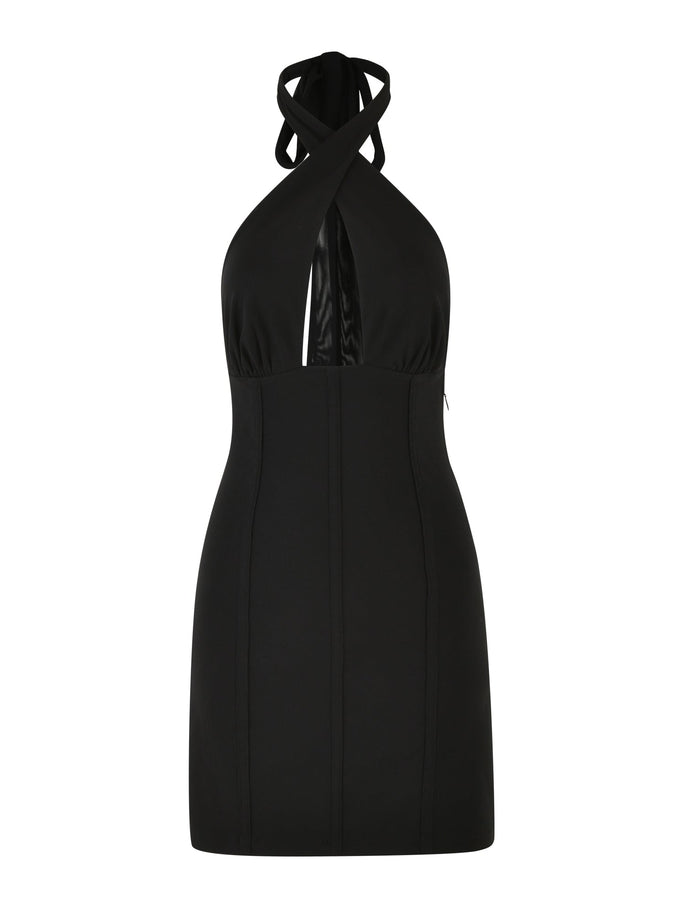 Introducing the JANECE MINI DRESS - BLACK by TIGERMIST: A sophisticated mini dress with a halter top and fitted silhouette in black. This elegant piece features crisscross strap details at the neckline, a mesh-lined bust, and is made from smooth fabric. Perfect for any occasion where style is essential.