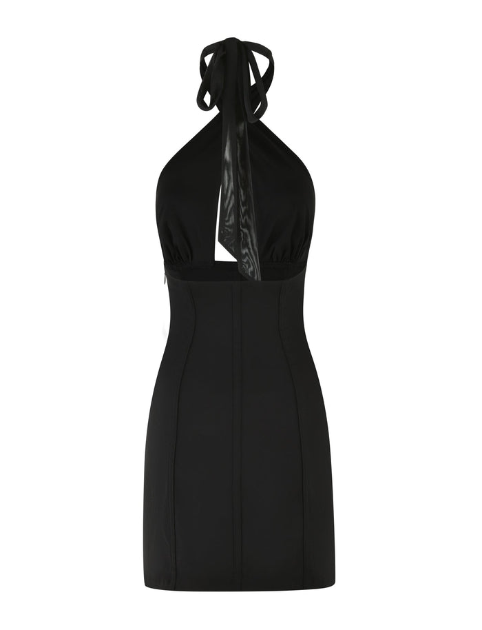 The JANECE MINI DRESS - BLACK by TIGERMIST is a black sleeveless halter dress with a fitted bodice and crisscross strap detail at the back. It features a mesh-lined bust for added elegance and boasts a subtle seam design for a streamlined appearance.