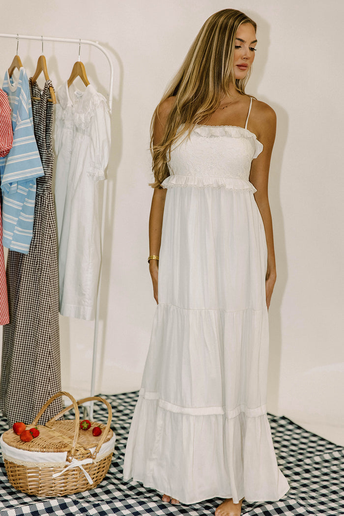 Janie Contrast Lace Bodice Maxi Dress in Beige