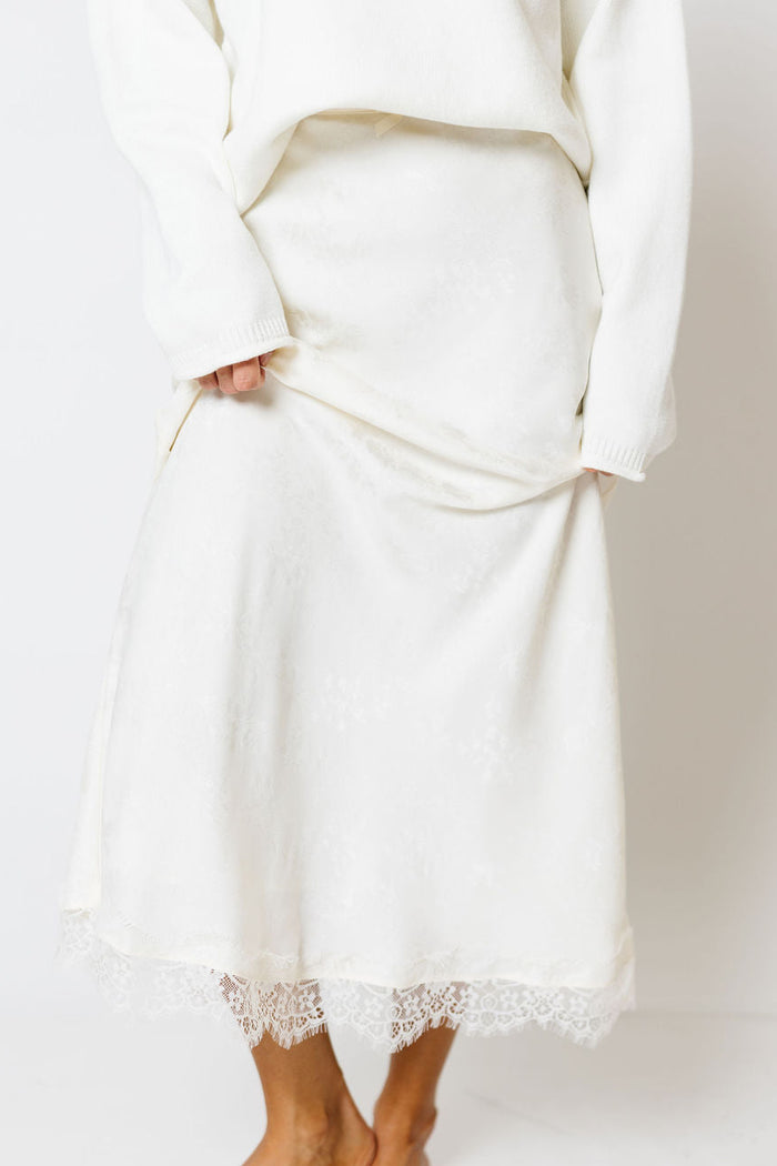 Janine Satin Lace Trim Midi Skirt in Ivory Floral