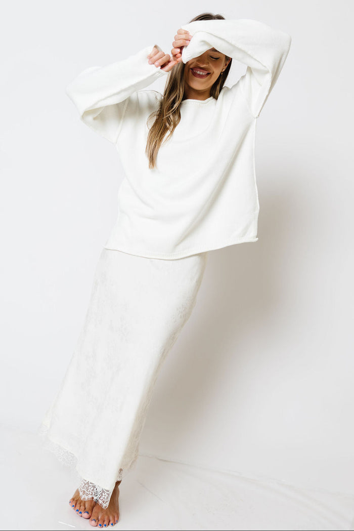 Janine Satin Lace Trim Midi Skirt in Ivory Floral