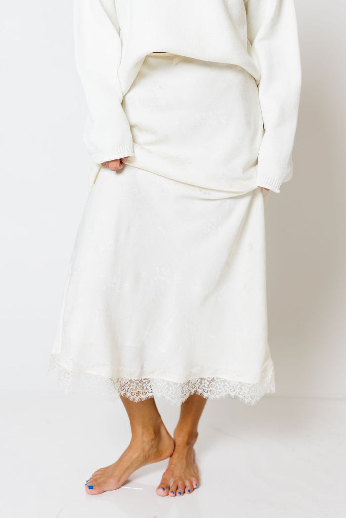 Janine Satin Lace Trim Midi Skirt in Ivory Floral