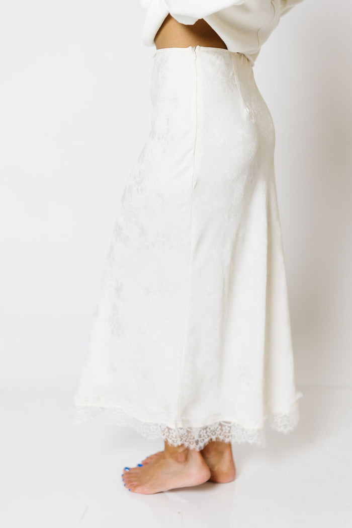 Janine Satin Lace Trim Midi Skirt in Ivory Floral