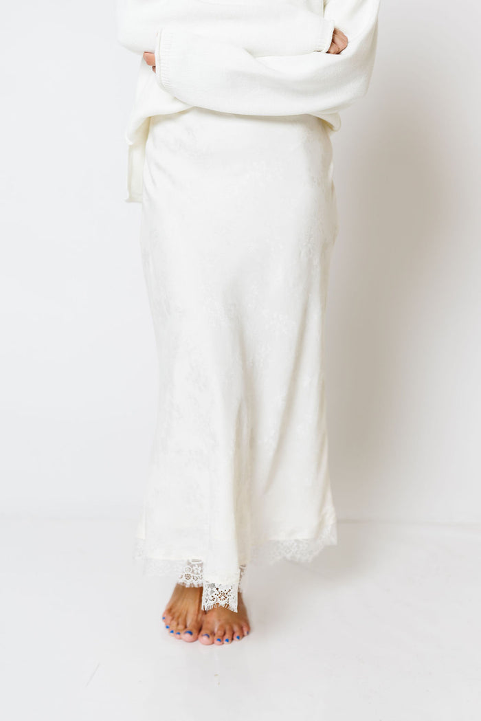 Janine Satin Lace Trim Midi Skirt in Ivory Floral