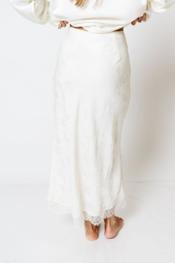 Janine Satin Lace Trim Midi Skirt in Ivory Floral