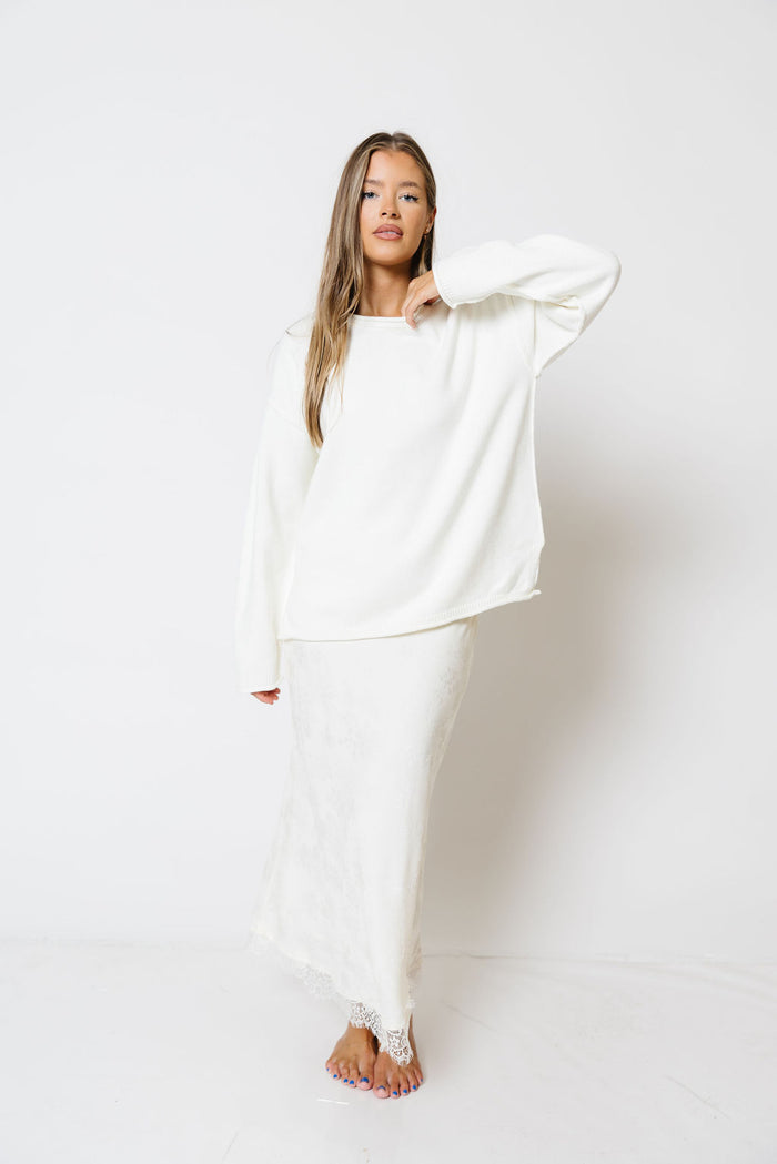 Janine Satin Lace Trim Midi Skirt in Ivory Floral