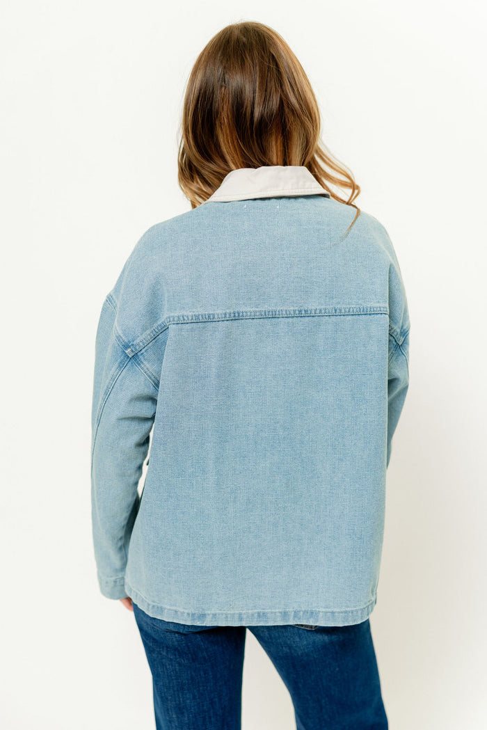 Jones Contrast Collar Light Wash Denim Jacket in Light Denim