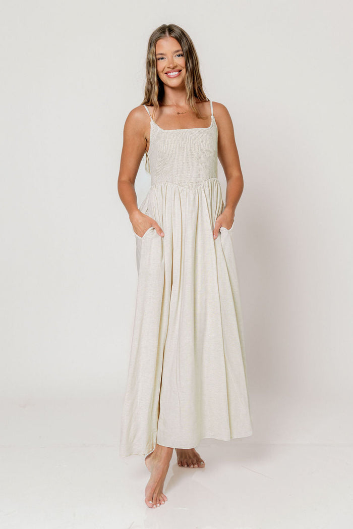 Josefina Smocked Maxi Dress in Light Natural - Bump Friendly