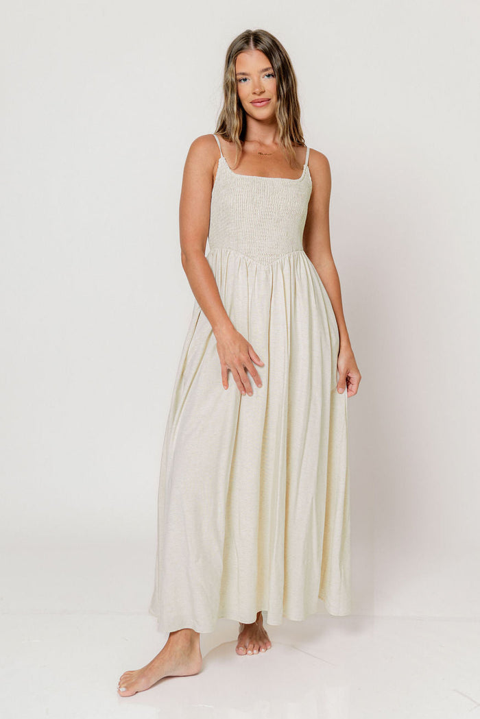 Josefina Smocked Maxi Dress in Light Natural - Bump Friendly