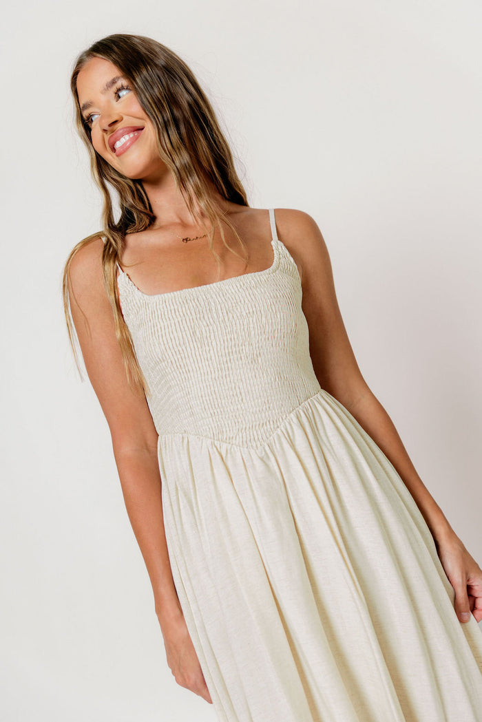 Josefina Smocked Maxi Dress in Light Natural - Bump Friendly