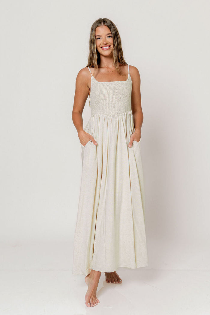 Josefina Smocked Maxi Dress in Light Natural - Bump Friendly