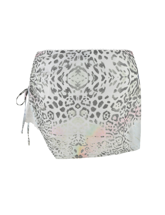 The TIGERMIST JOSEPHINE MINI SKIRT features a fitted, ruched design with a white animal print and side drawstring tie.