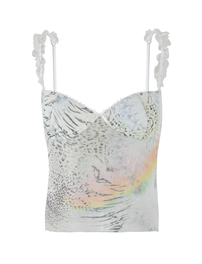 The TIGERMIST JOSEPHINE TOP is a cropped camisole with ruffled straps, featuring a white base, faint abstract animal print, and a subtle rainbow sheen.