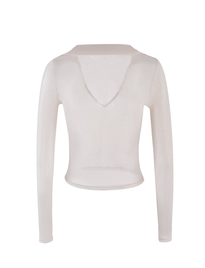 Image of the JOSIAS TOP - WHITE : CREAM by TIGERMIST. This sheer, long-sleeve top is crafted from a translucent, off-white fabric and features a subtle V-shaped neckline. Its fitted, lightweight design makes it ideal for layering or wearing on its own. The back perspective of the top is shown.