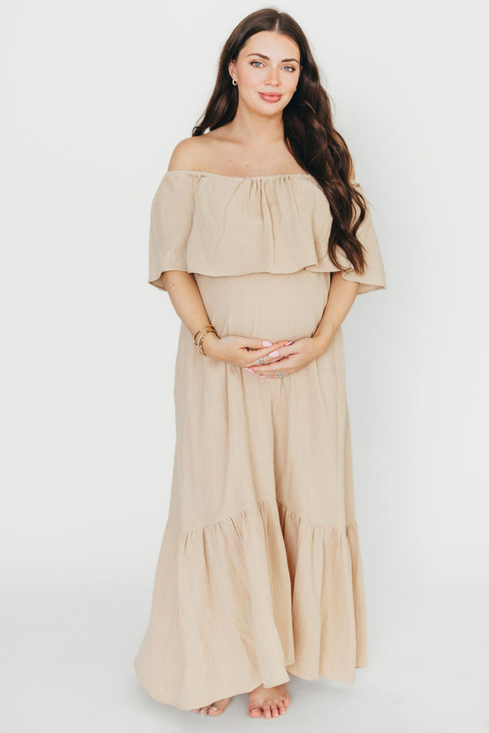 Josie 100% Cotton Maxi Dress in Beige (Lined) - Bump & Nursing Friendly *Final Sale*