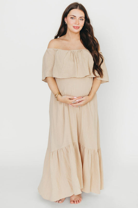 Josie 100% Cotton Maxi Dress in Beige (Lined) - Bump & Nursing Friendly *Final Sale*