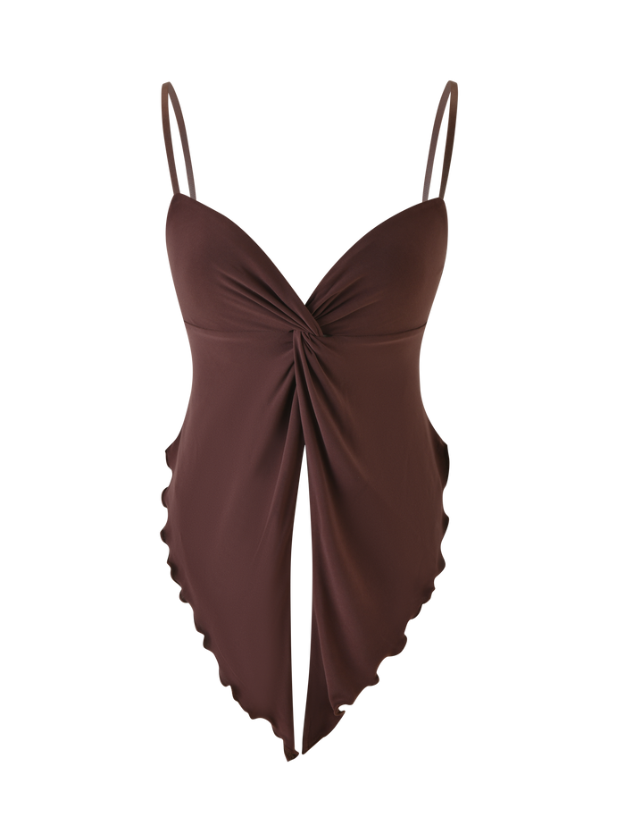 The JOVIENNE TOP - BROWN : CHOCOLATE by TIGERMIST is a chocolate brown jersey camisole with a twist-front detail, thin adjustable straps, and a handkerchief-style pointed hem.