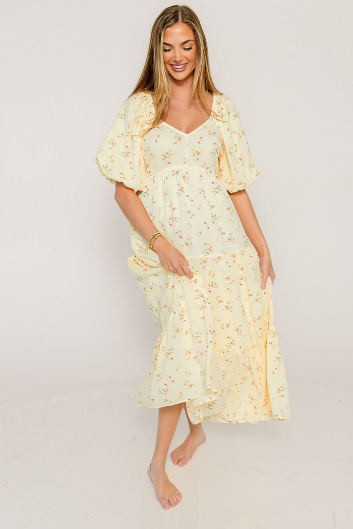 Jules Floral Print Bubble Sleeve Tiered Maxi Dress in Light Yellow