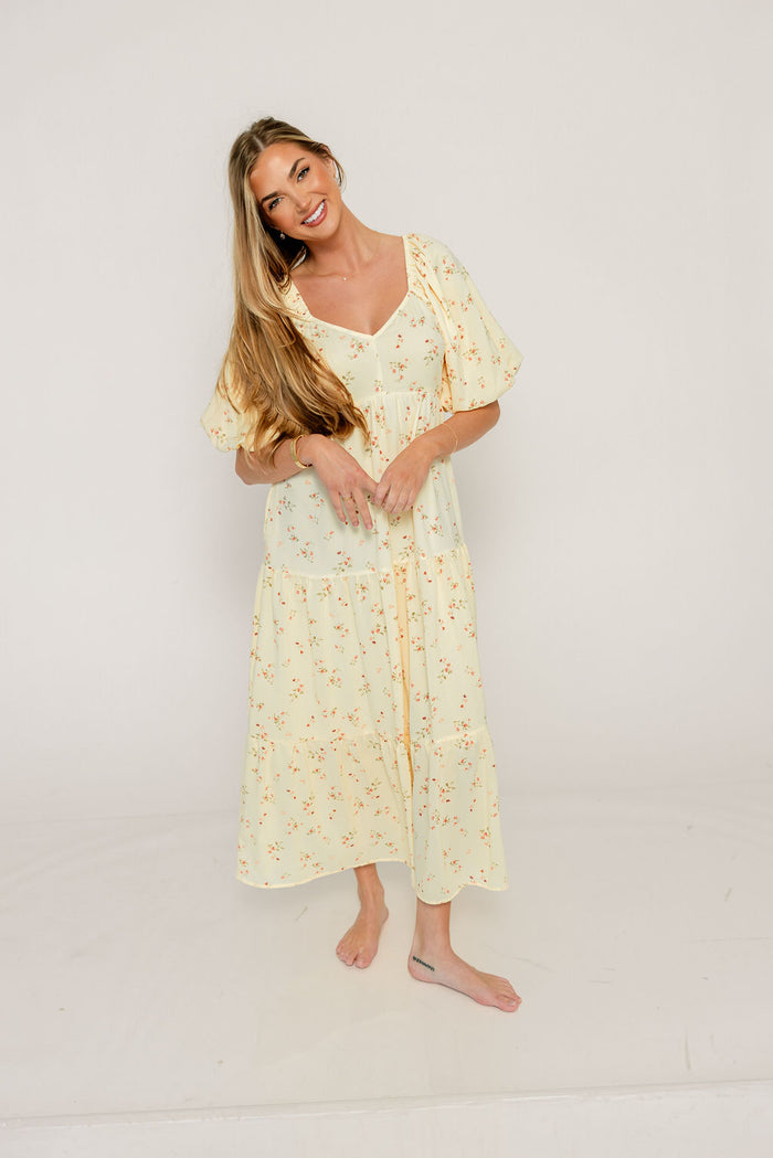 Jules Floral Print Bubble Sleeve Tiered Maxi Dress in Light Yellow
