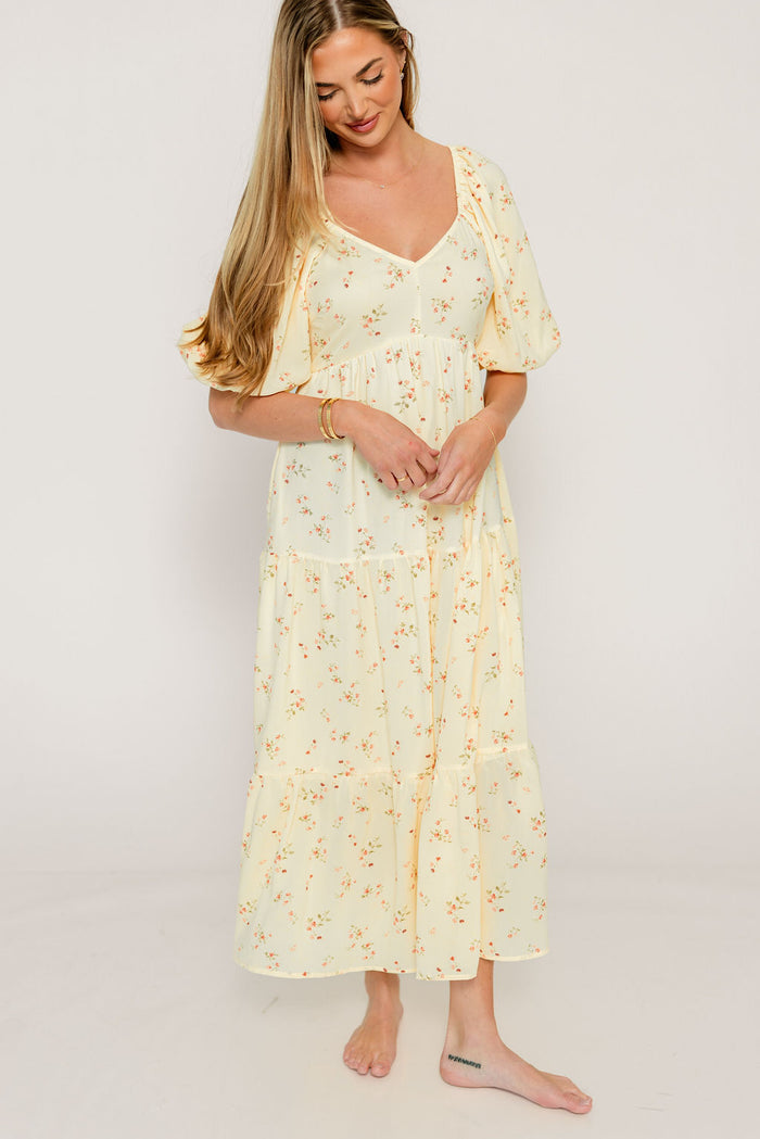 Jules Floral Print Bubble Sleeve Tiered Maxi Dress in Light Yellow