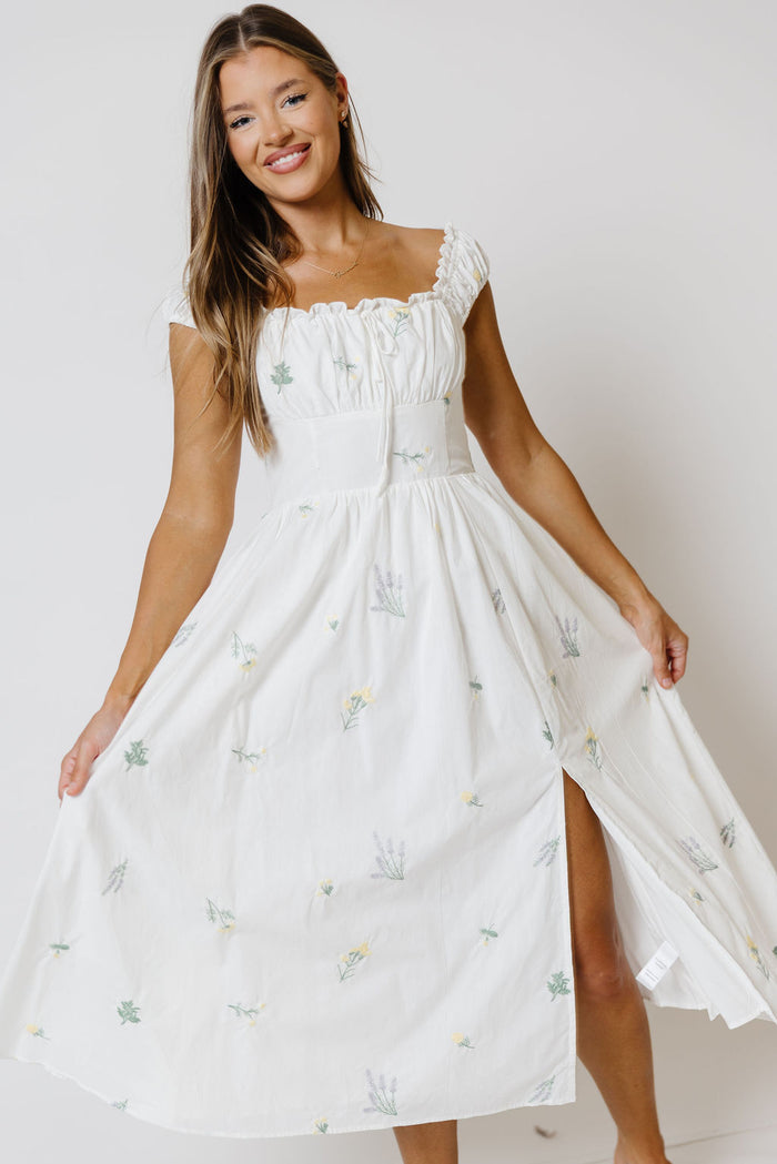 Kaliyah Floral Embroidered Midi Dress in White Multi