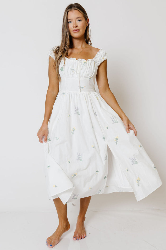Kaliyah Floral Embroidered Midi Dress in White Multi
