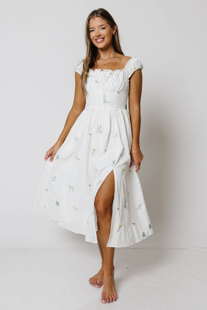 Kaliyah Floral Embroidered Midi Dress in White Multi