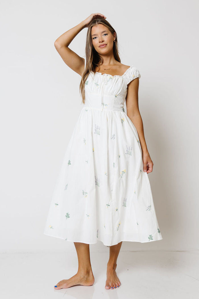 Kaliyah Floral Embroidered Midi Dress in White Multi