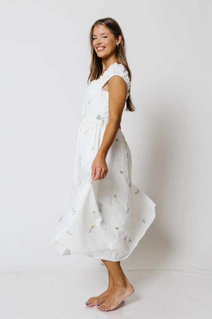Kaliyah Floral Embroidered Midi Dress in White Multi