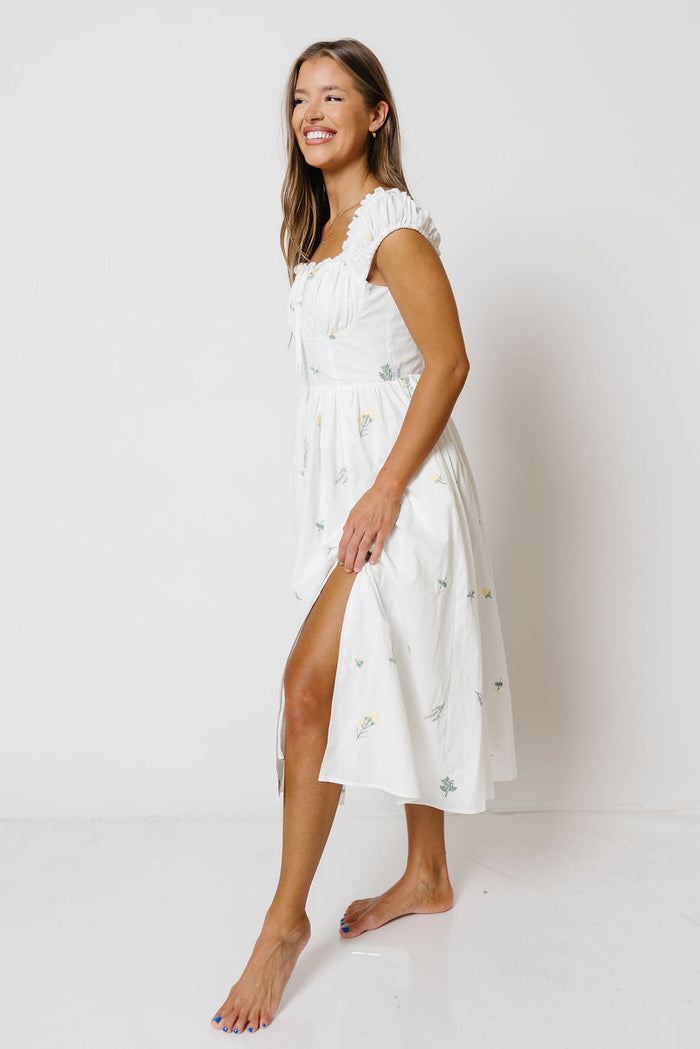 Kaliyah Floral Embroidered Midi Dress in White Multi