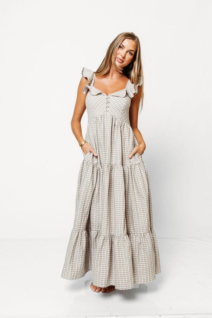 Kamden Heart Gingham Maxi Dress in Mocha