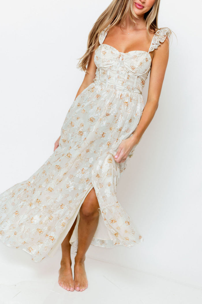 Kari Embroidered Floral Corset Dress in Ivory/Beige/Gold