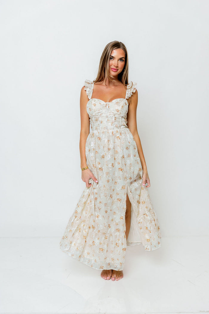 Kari Embroidered Floral Corset Dress in Ivory/Beige/Gold