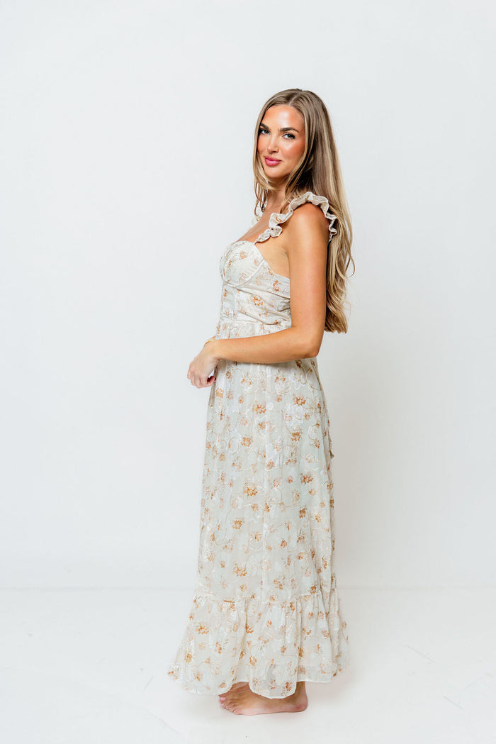 Kari Embroidered Floral Corset Dress in Ivory/Beige/Gold