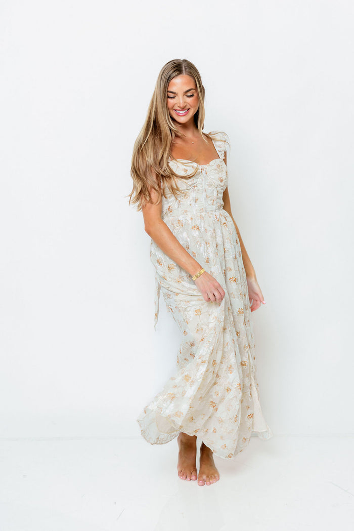 Kari Embroidered Floral Corset Dress in Ivory/Beige/Gold