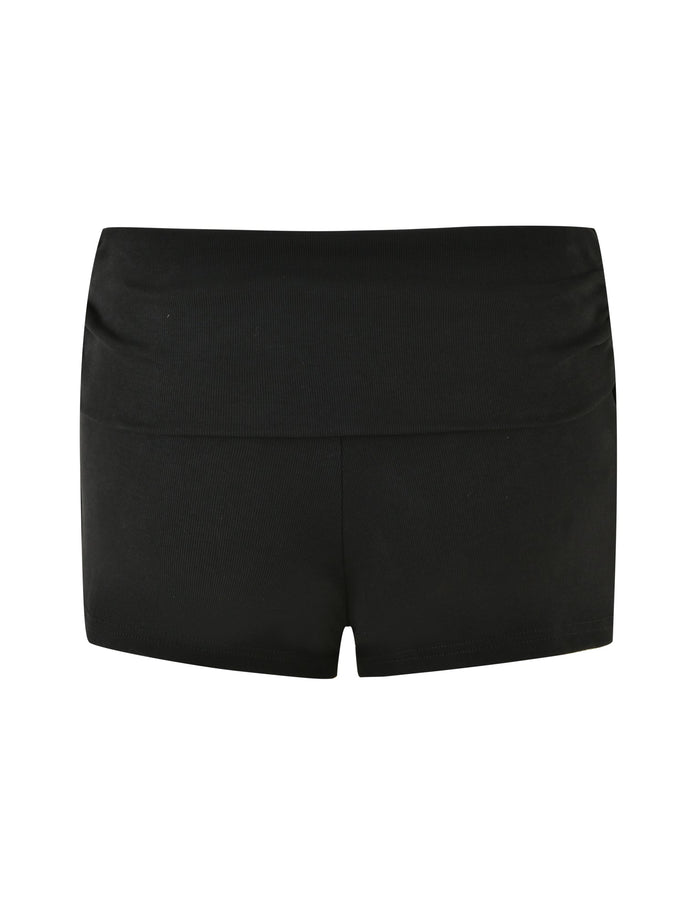 A KARINA RIB SHORT by TIGERMIST in plain black, featuring a high waistband and fitted silhouette, laid flat against a white background.