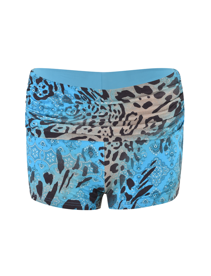 TIGERMIST KARINA SHORT – MULTI: LEOPARD SWIRL women’s mini shorts feature blue, brown, and black animal and paisley prints, a ruched waistband, and high-stretch fabric for a comfy fitted look.